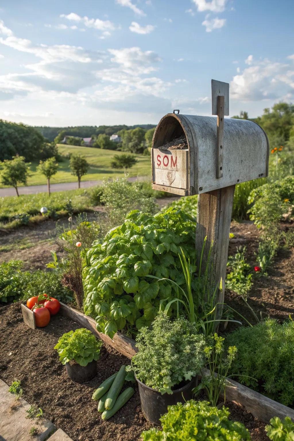 A mailbox landscape featuring edible plants and herbs.