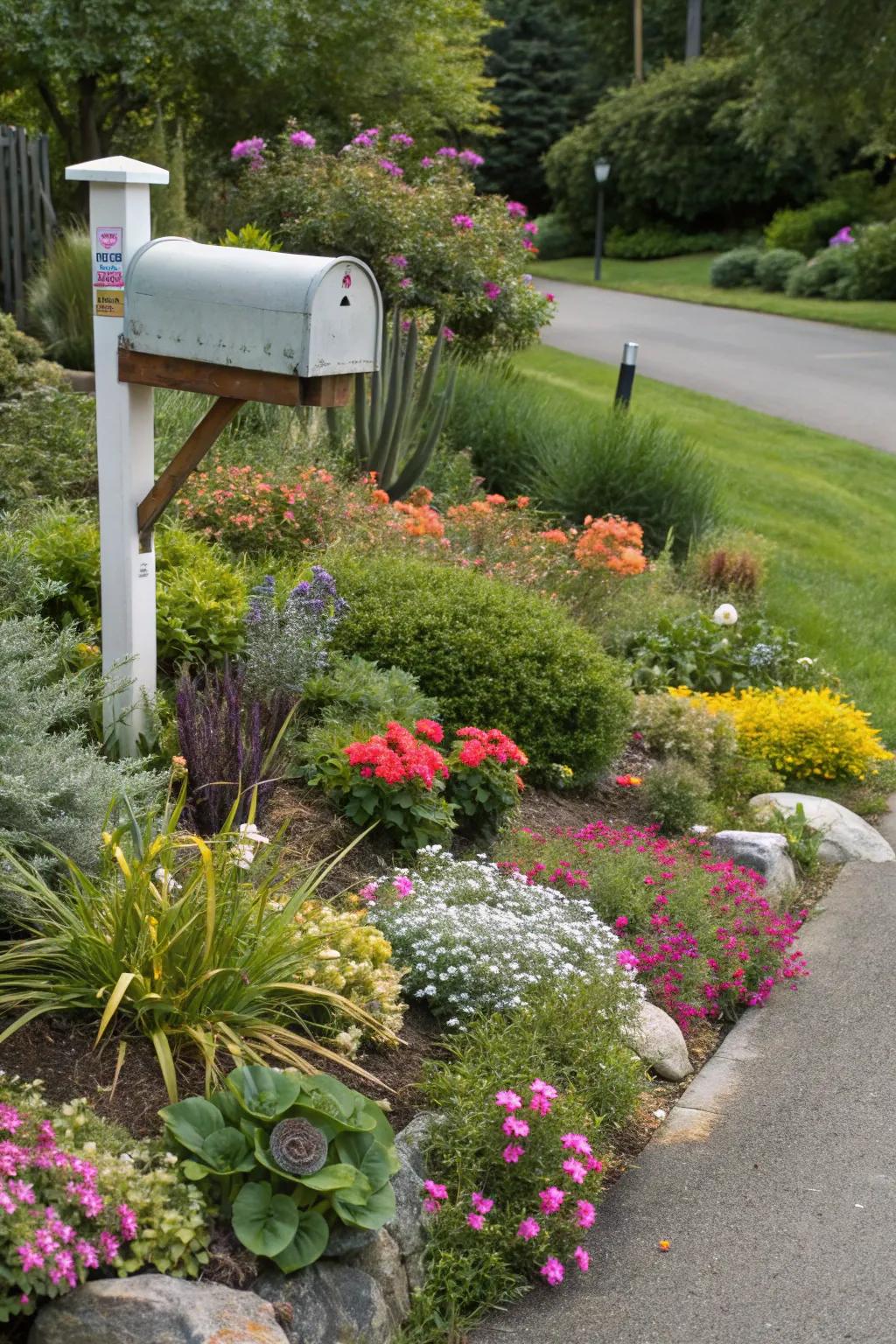 A diverse mailbox landscape with a variety of plants.