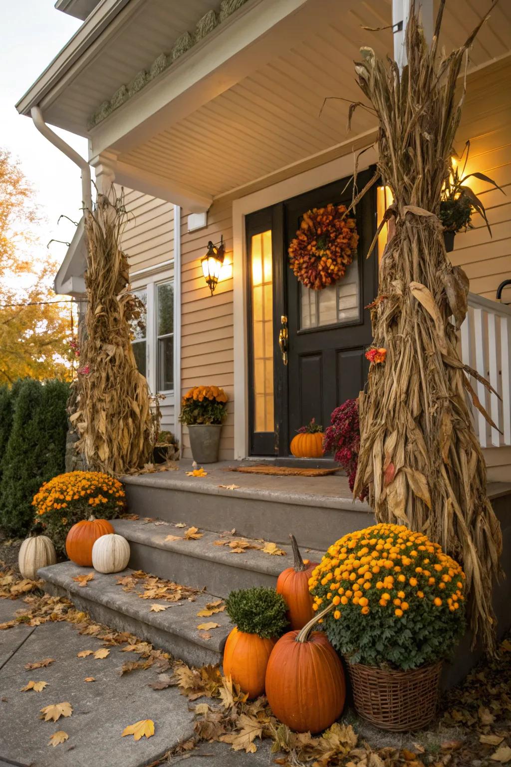A front porch featuring corn stalks with pumpkins and mums for a warm autumn welcome.