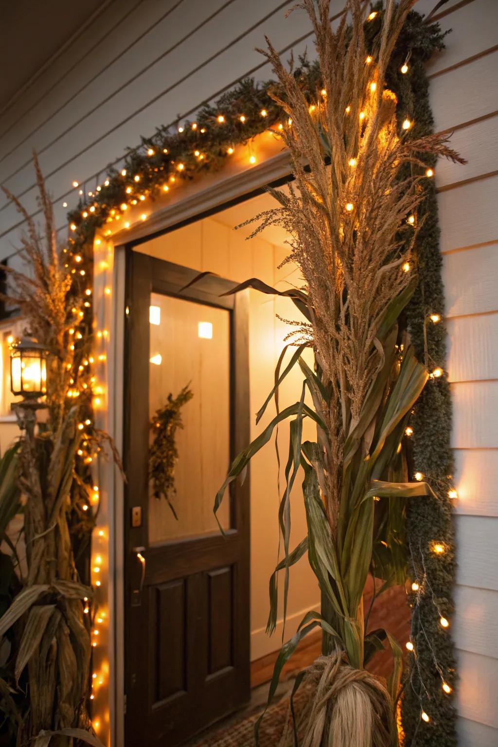 A festive door frame adorned with corn stalks and twinkling lights.