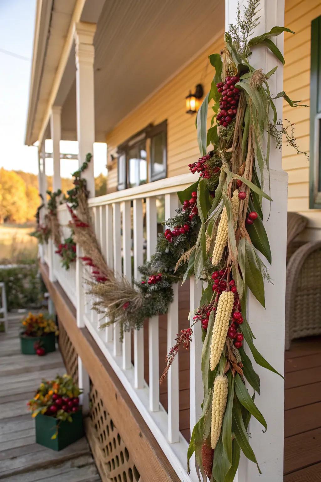 A porch railing decorated with a vibrant corn stalk garland.