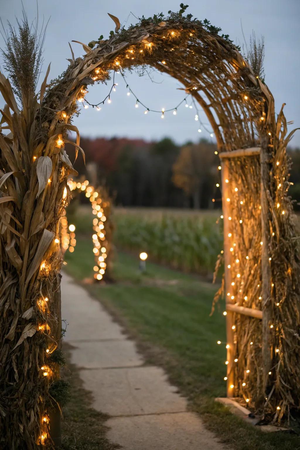 A magical archway crafted from corn stalks and glowing fairy lights.