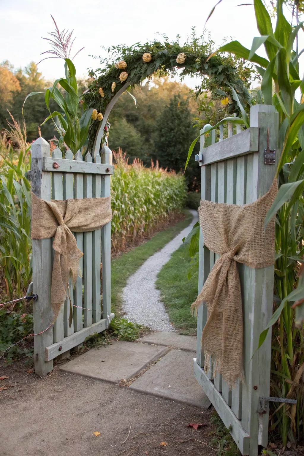 A rustic garden gate enhanced with corn stalks and burlap.