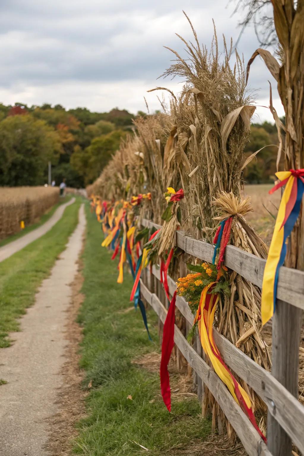 A festive fence line decorated with corn stalks and ribbons.