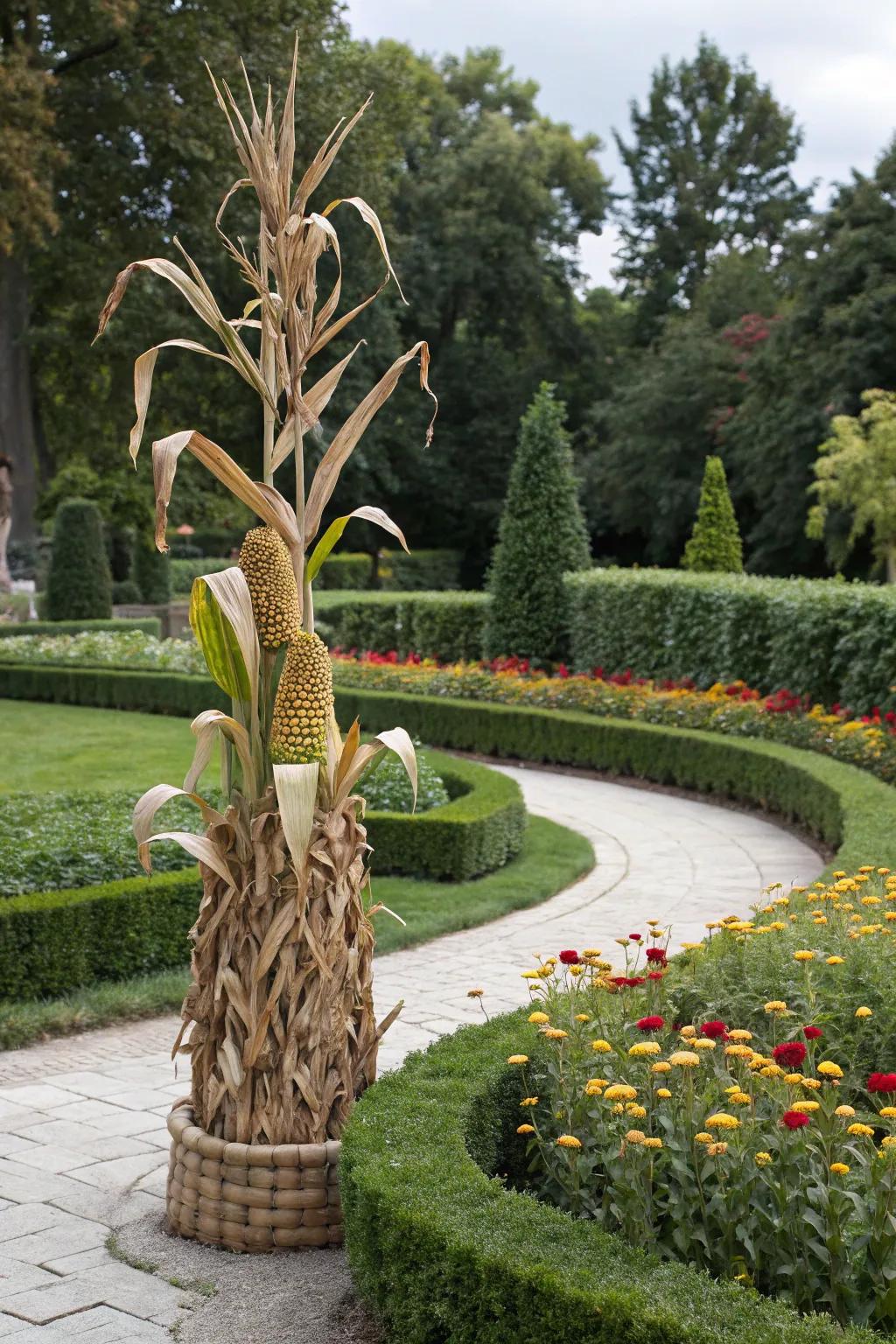 A striking corn stalk topiary adding elegance to the garden.