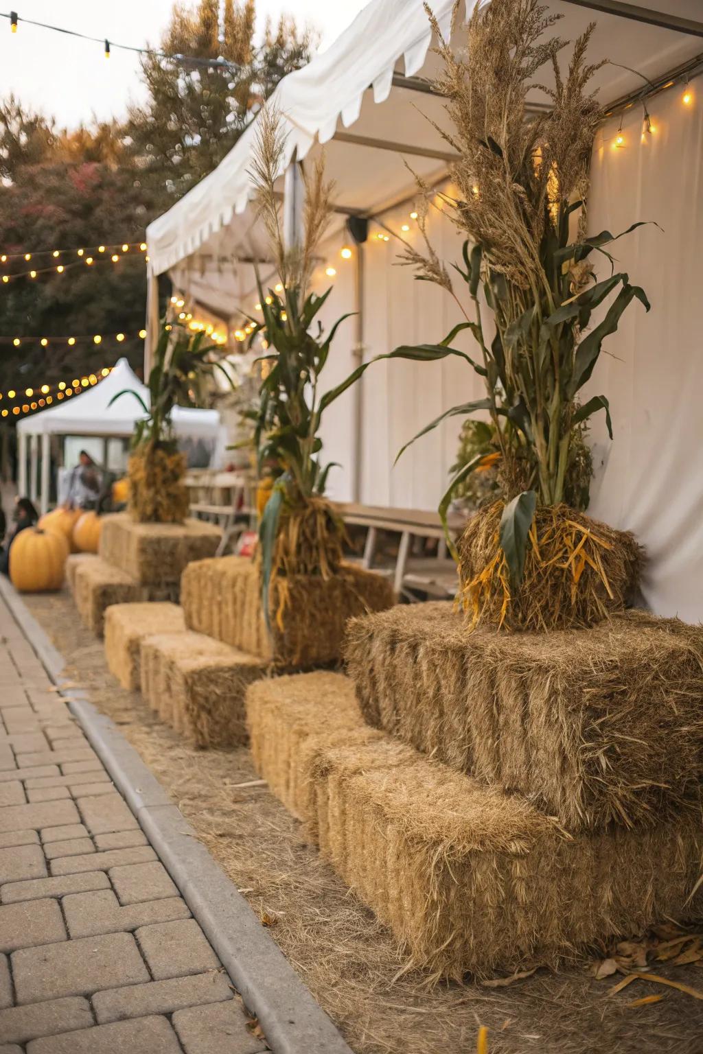 A cozy seating area made from hay bales and corn stalks.