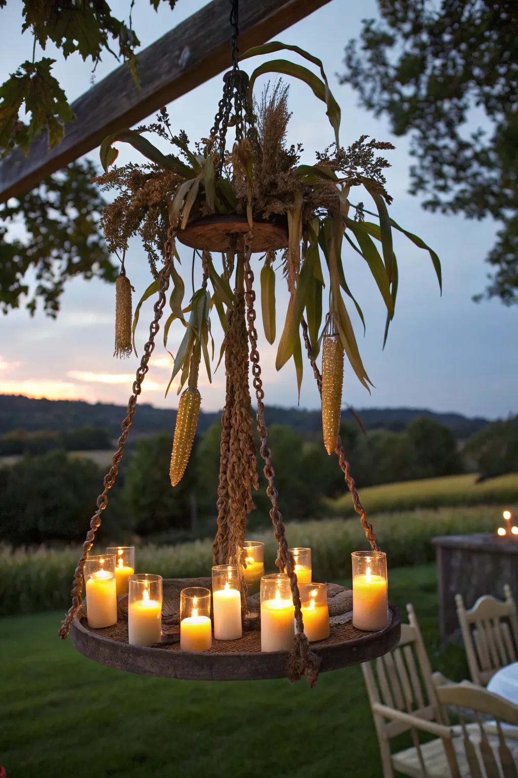A stunning corn stalk chandelier casting a warm glow.
