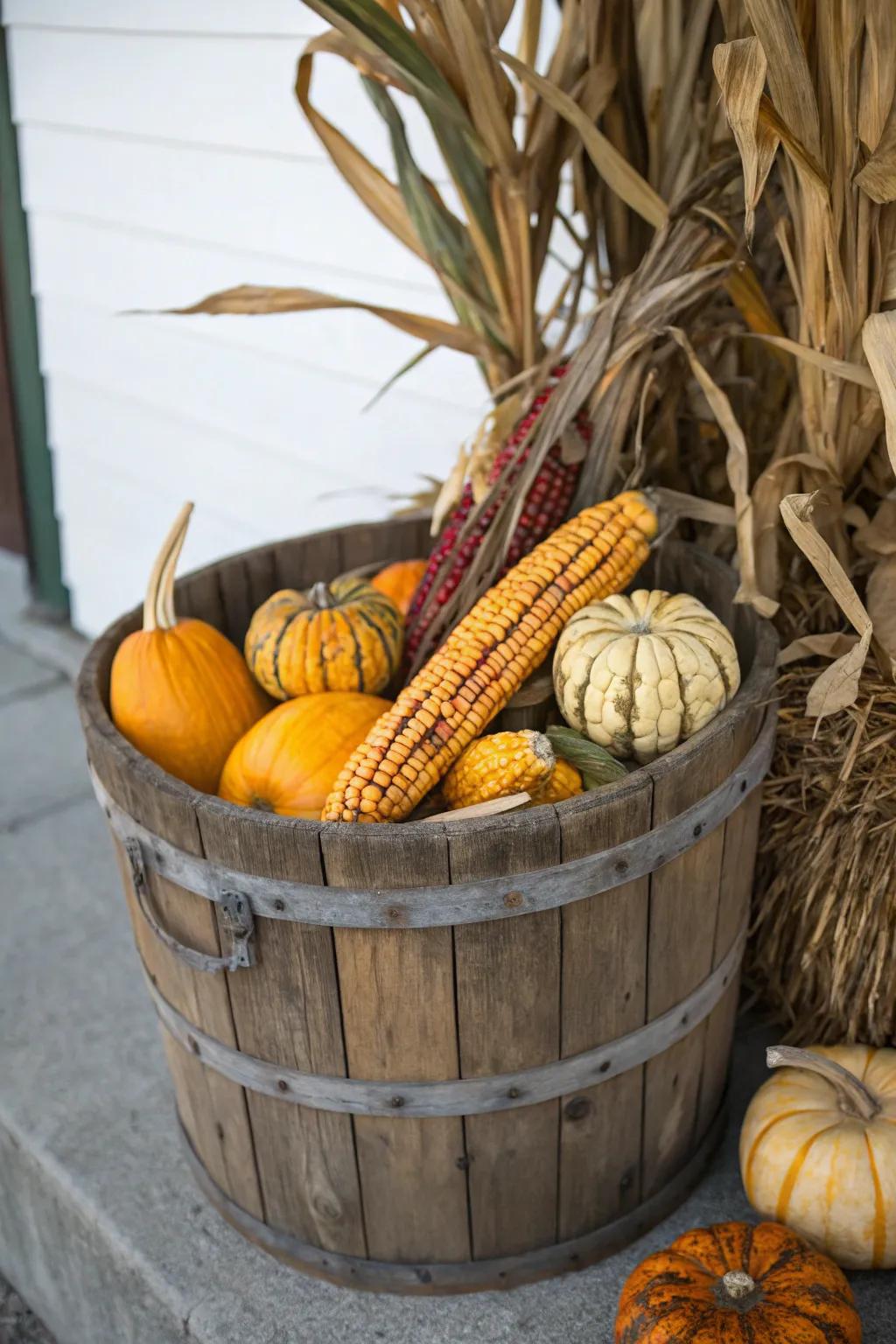 A rustic barrel filled with corn stalks and colorful gourds.