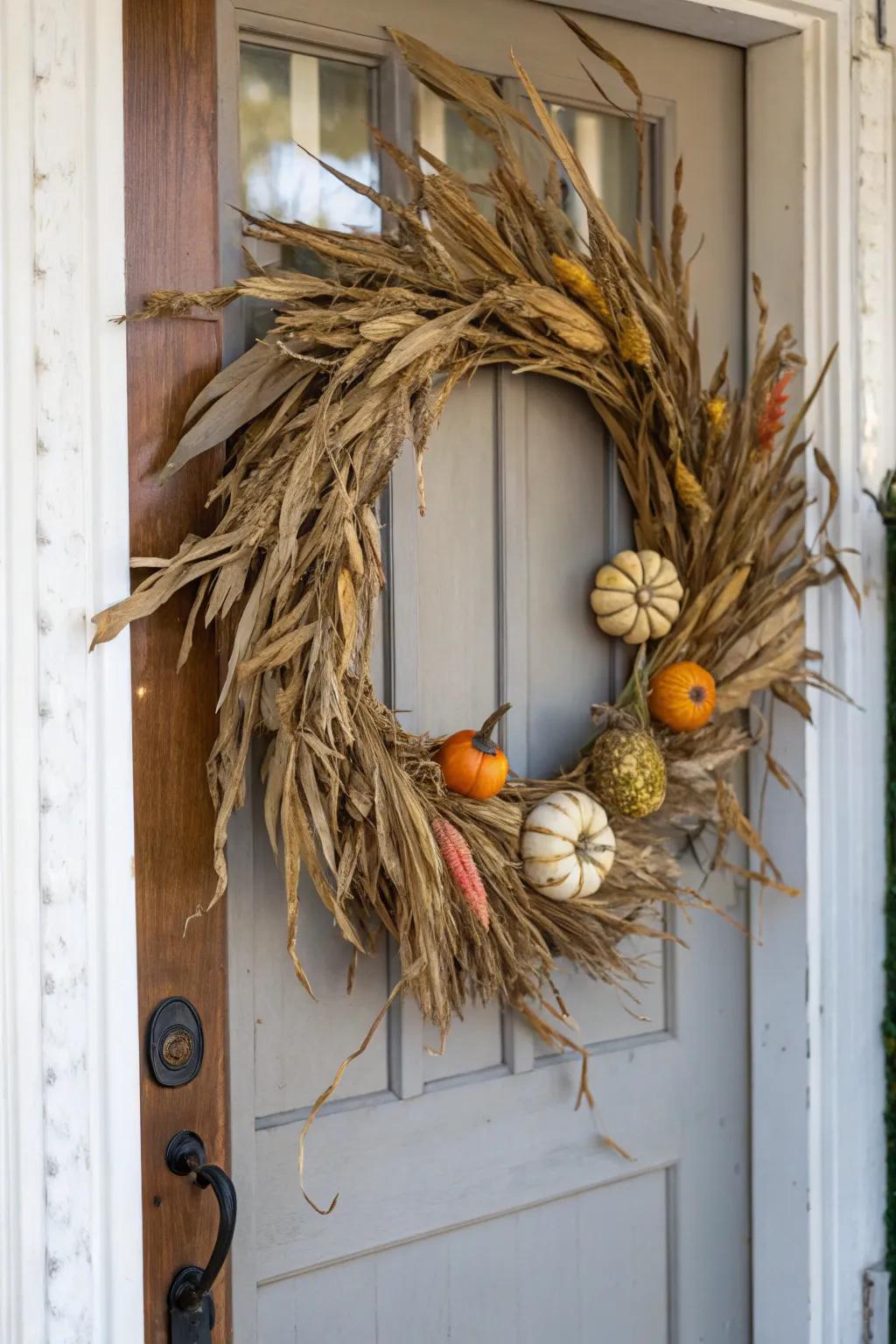 A door adorned with a corn stalk wreath accented by mini gourds.