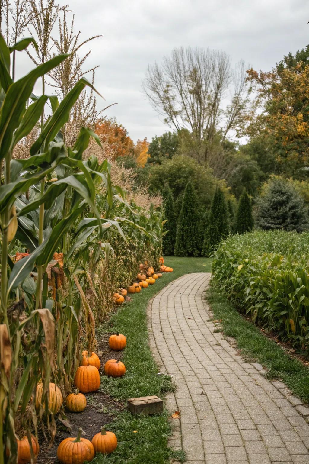 A charming garden pathway lined with corn stalks and pumpkins.