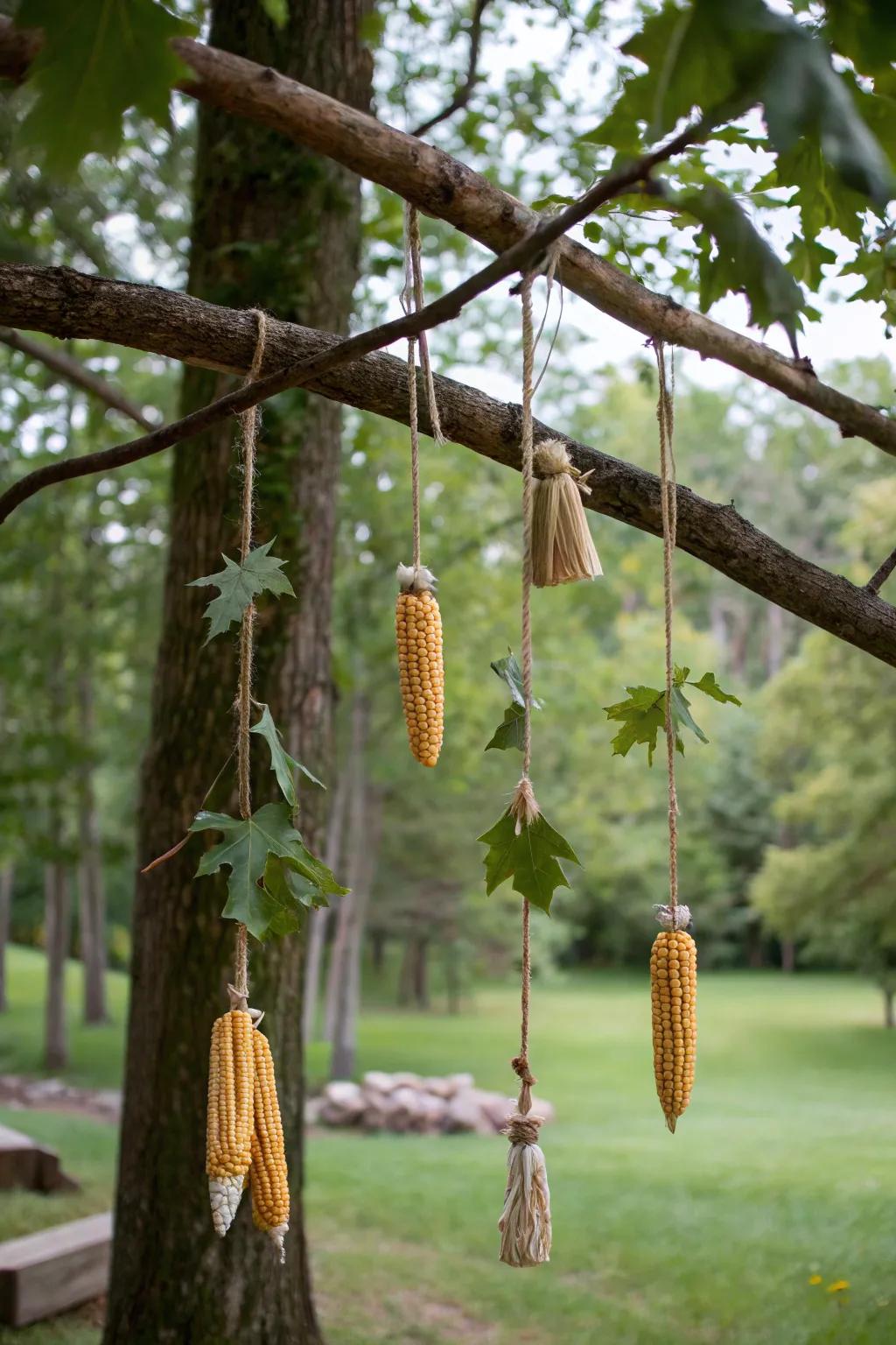 Whimsical corn stalk mobiles dancing in the breeze.