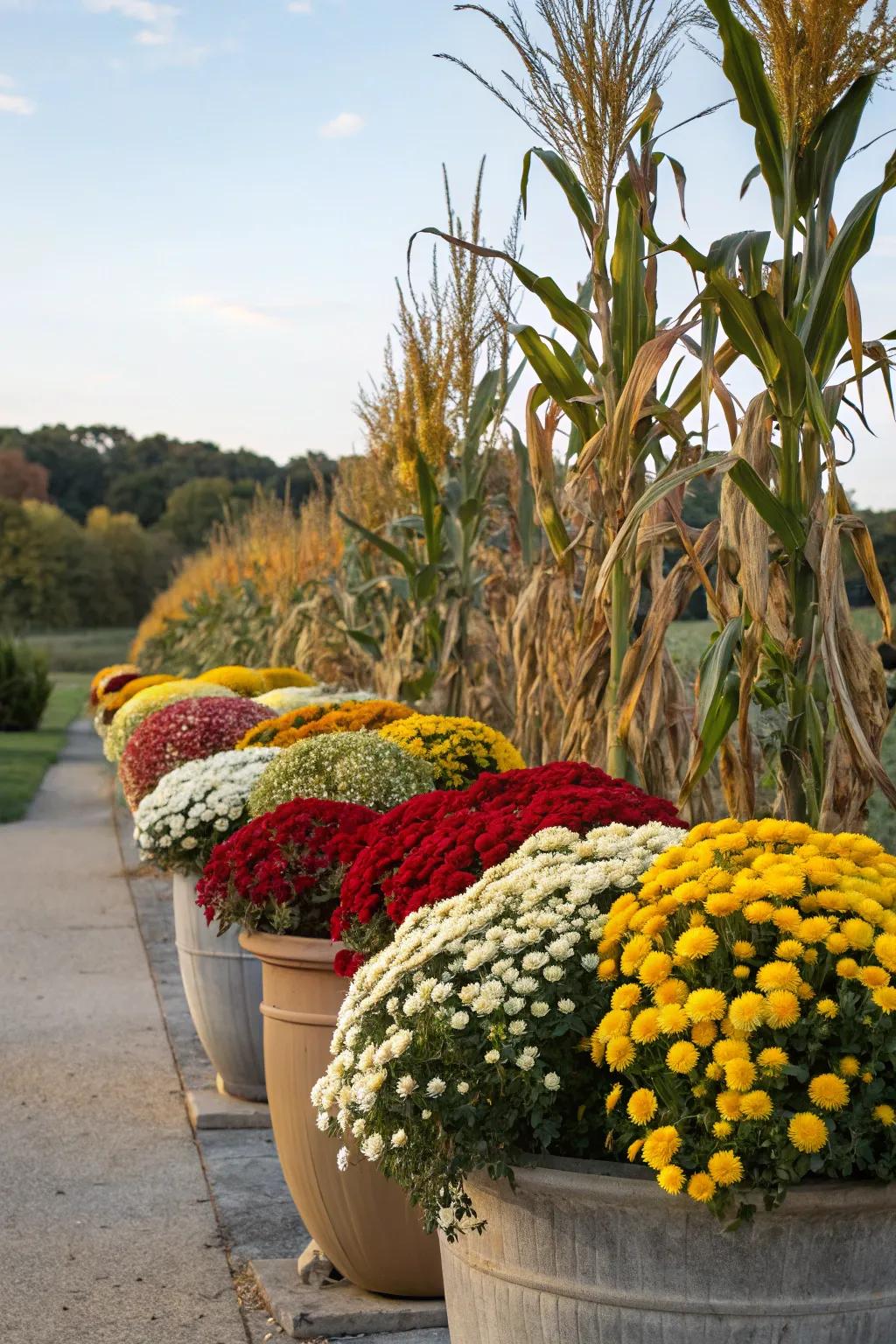 Vibrant planters filled with mums and surrounded by corn stalks.