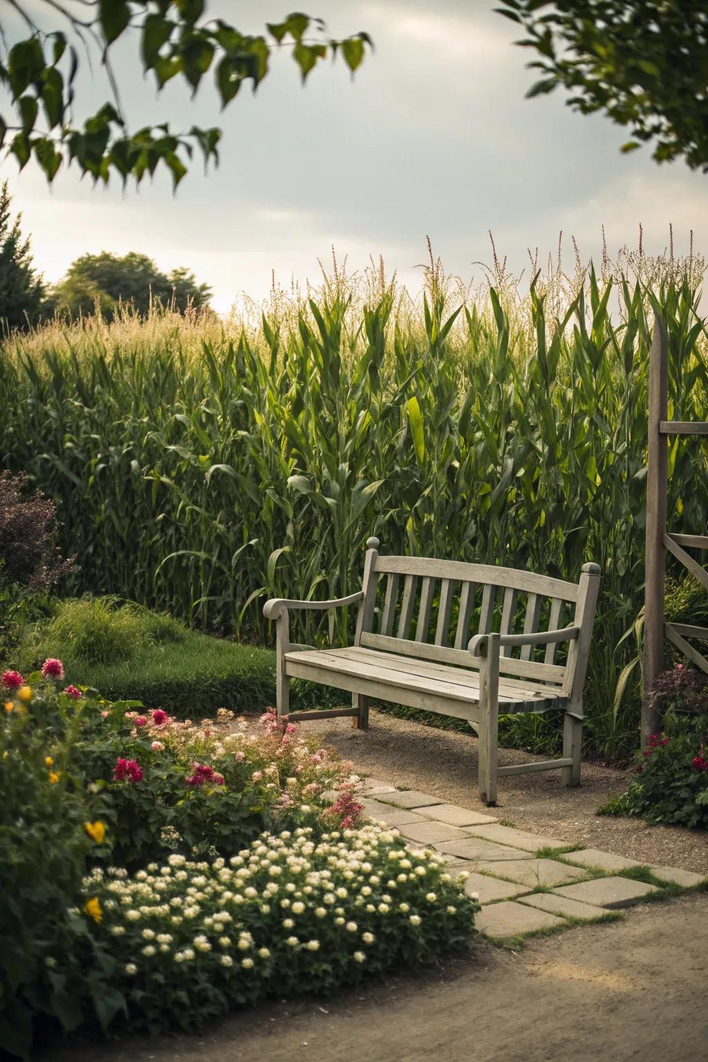 A cozy garden bench with a corn stalk backdrop.