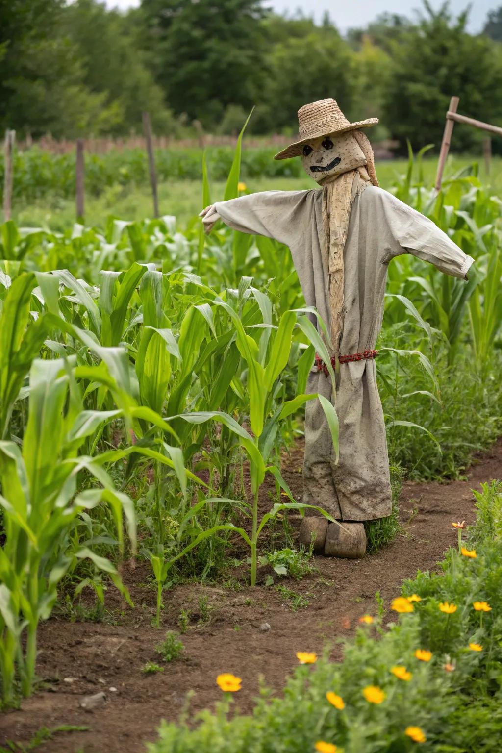 A whimsical scarecrow crafted from corn stalks, standing guard in the garden.