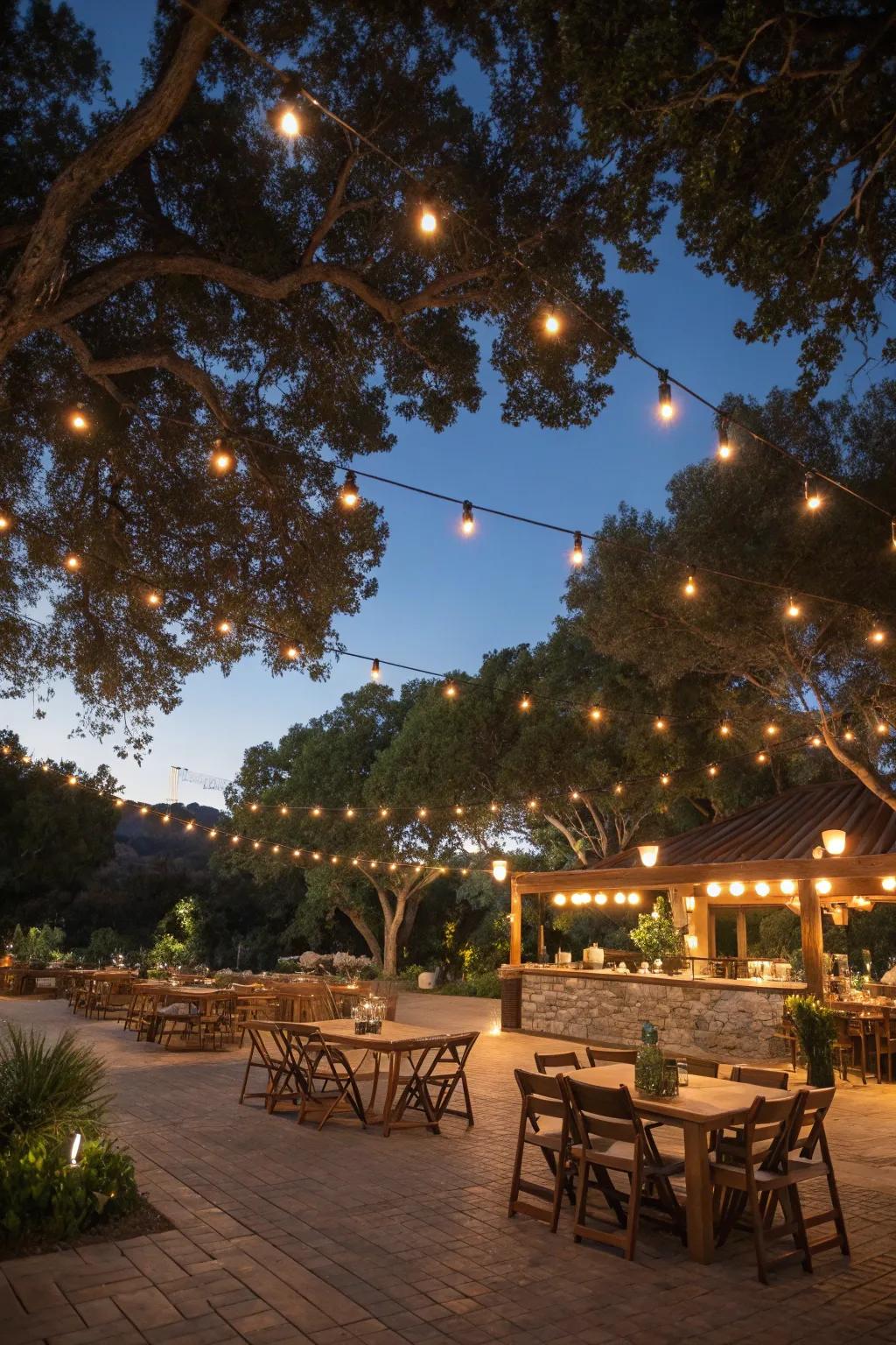 String lights add warmth and charm to any outdoor bar.