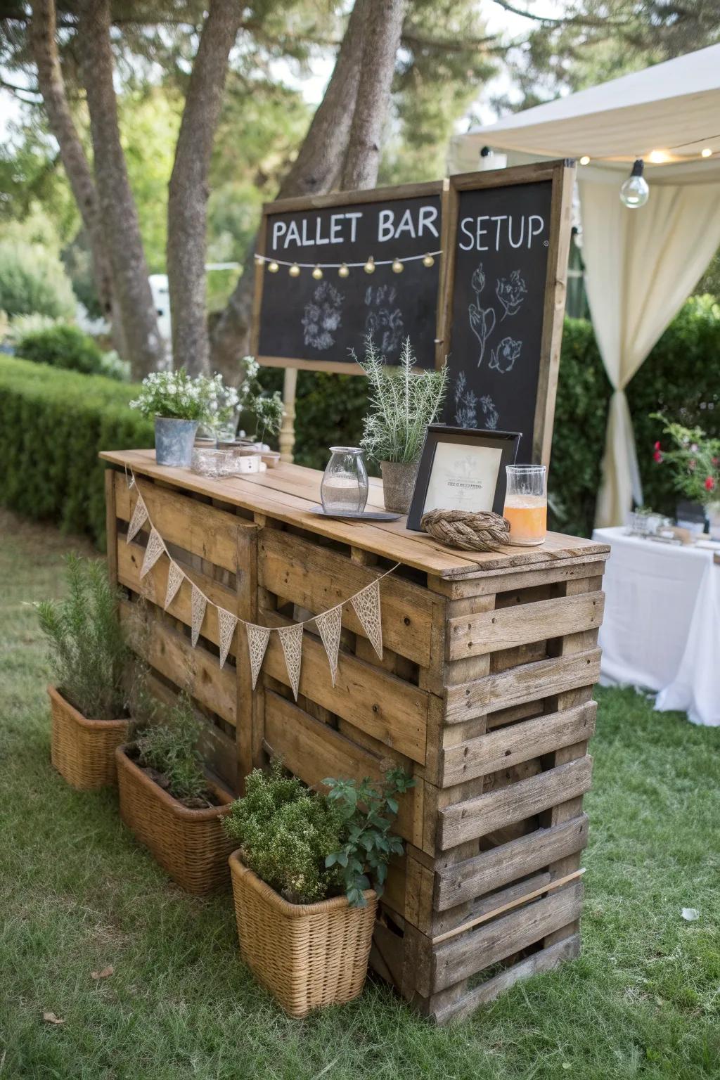 Craft a rustic pallet bar for a charming outdoor experience.