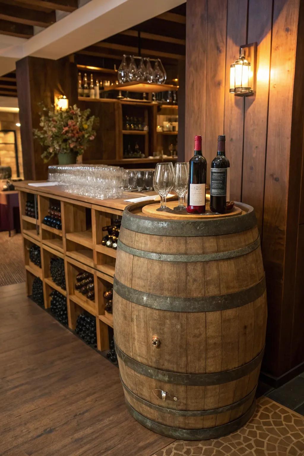 Add rustic charm with a wine barrel bar.