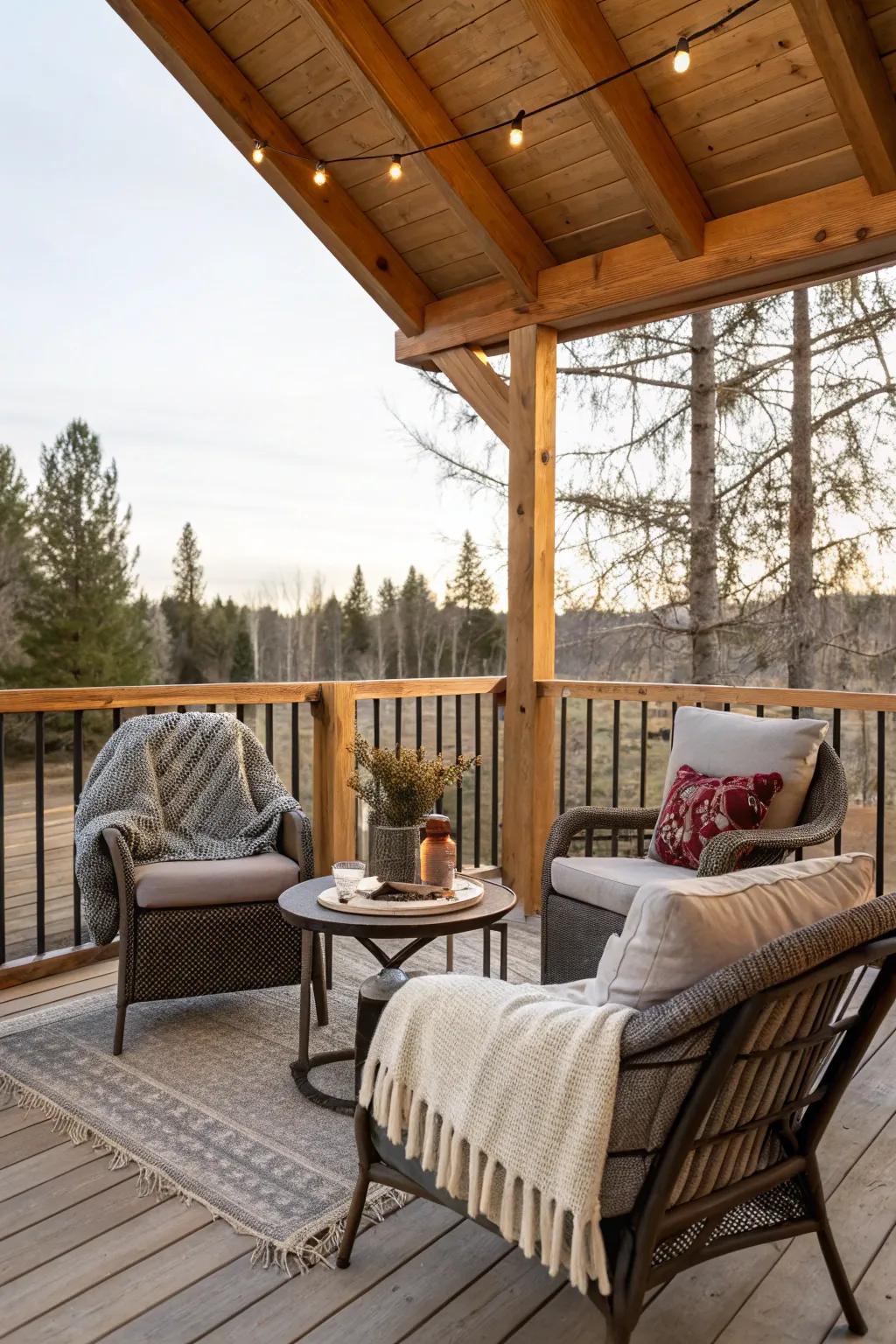 A perfect spot for relaxation under a stylish deck overhang.
