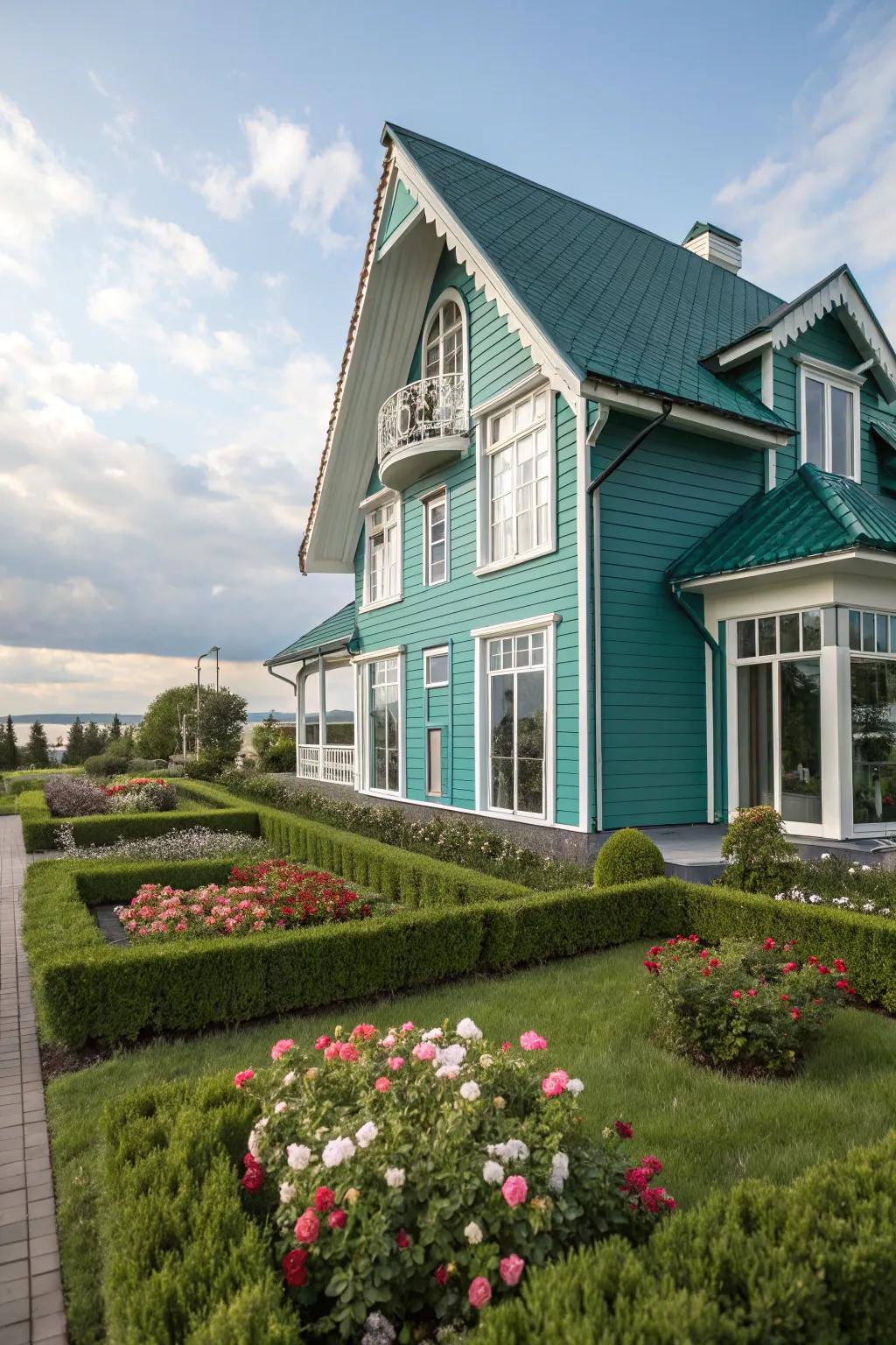 Teal green siding provides a unique, vibrant exterior.