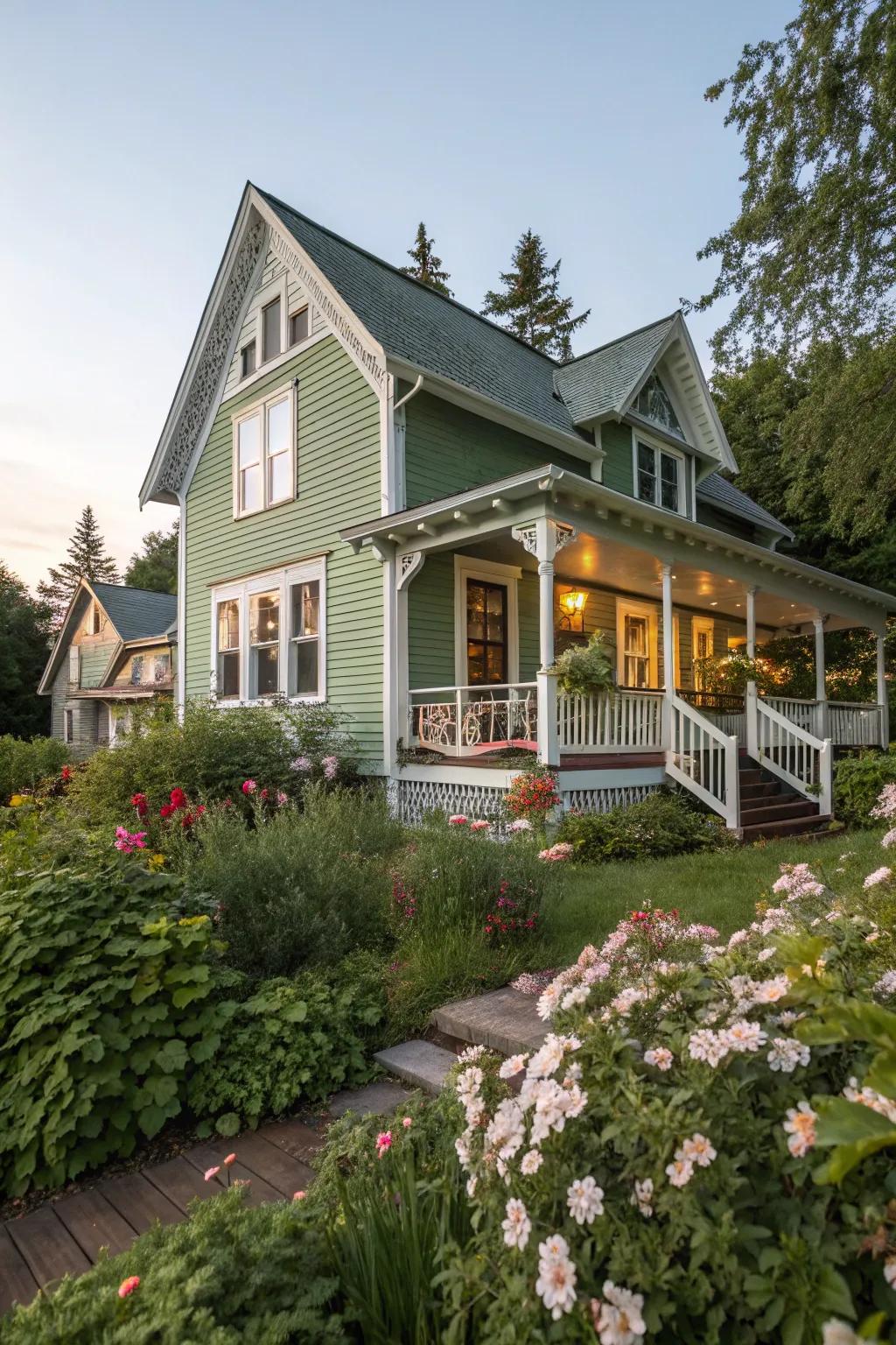 Sage green siding transforms this home into a cozy haven.