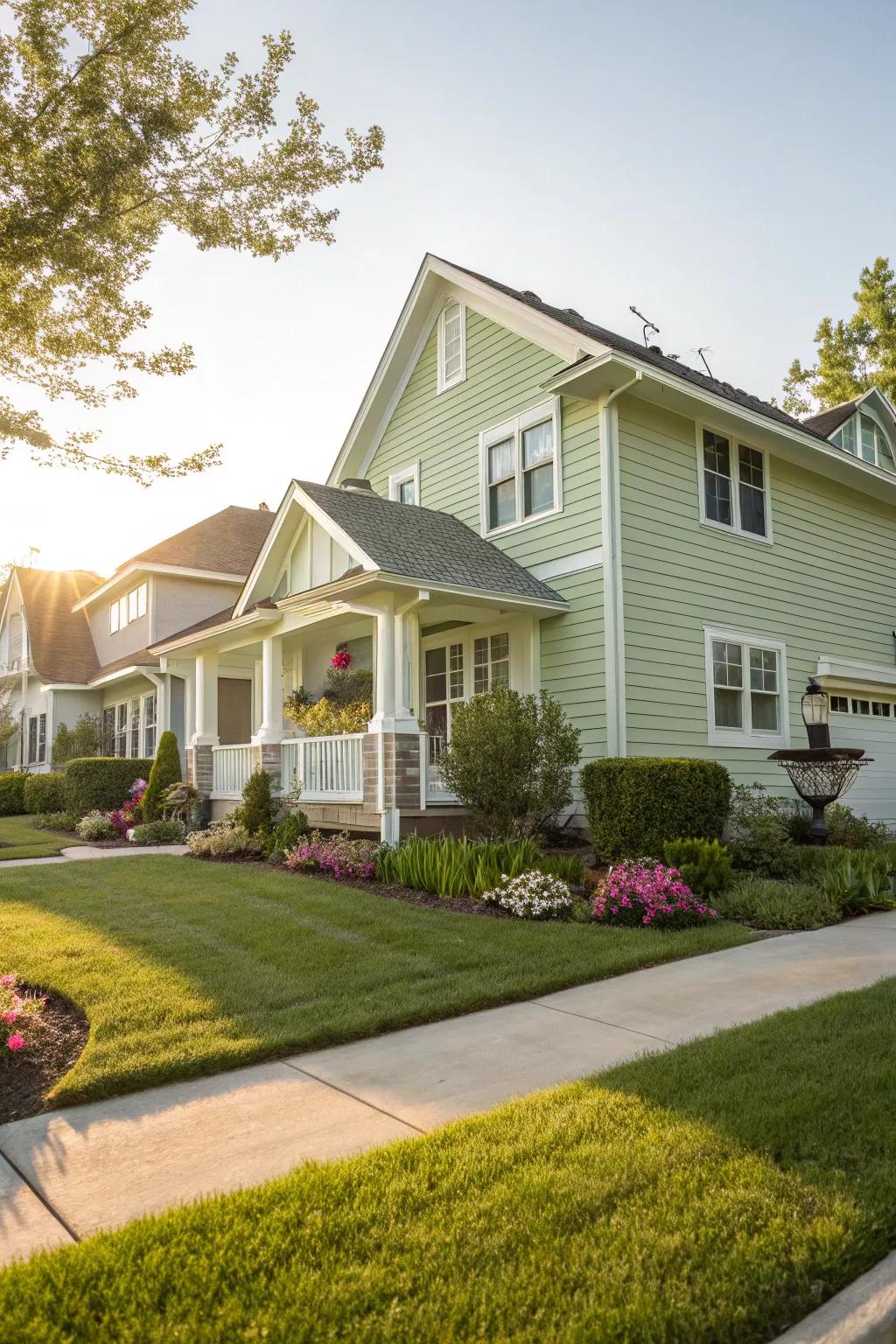 Light green and white make for a fresh, welcoming exterior.