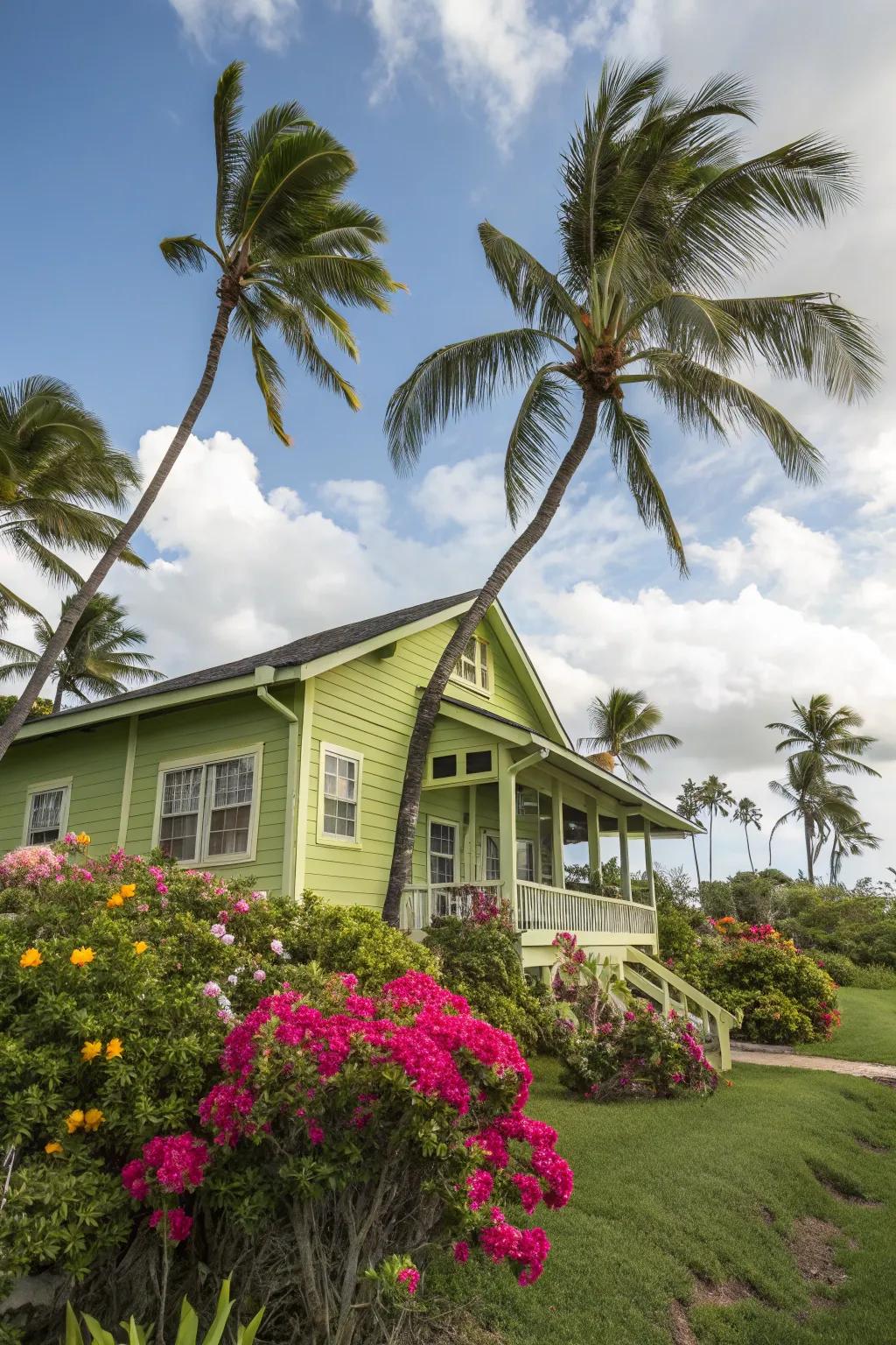 Lime green siding brings tropical vibes to this home.