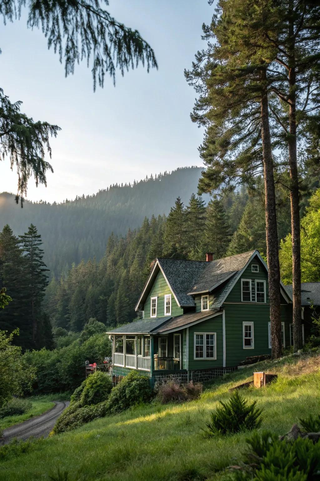 Moss green siding creates a serene harmony with nature.