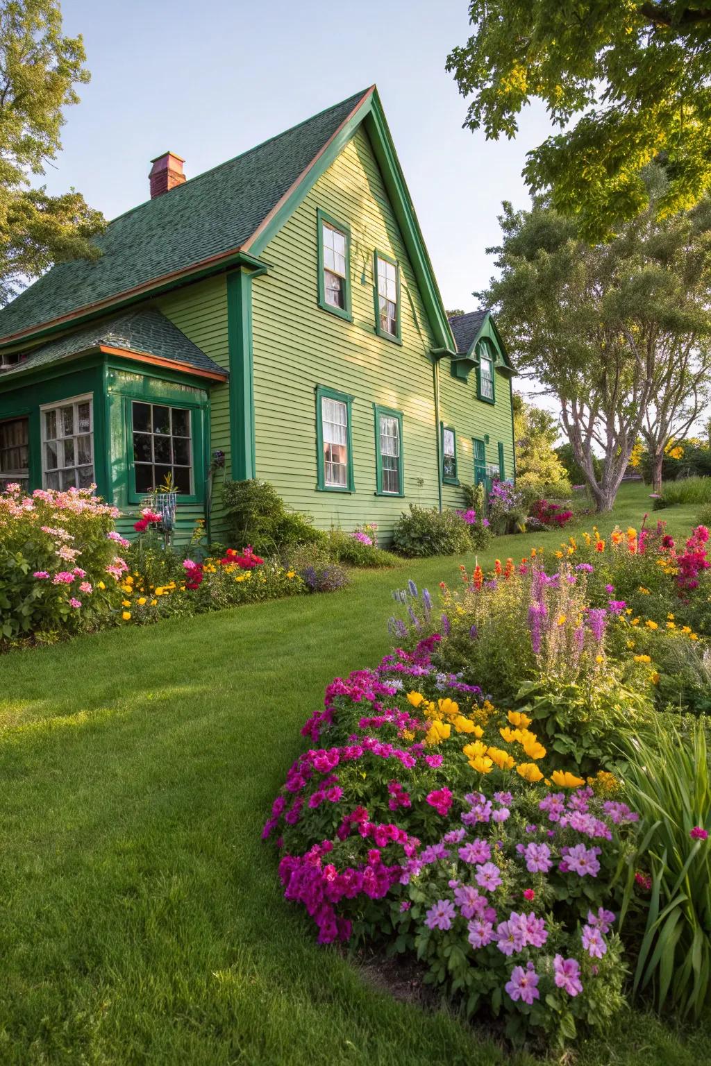 Grass green siding adds vibrant cheer to this home.