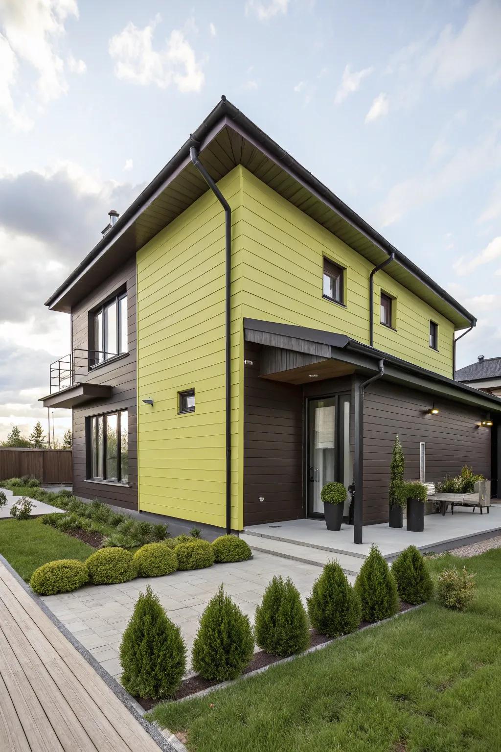 Chartreuse siding brings a modern edge to this home.
