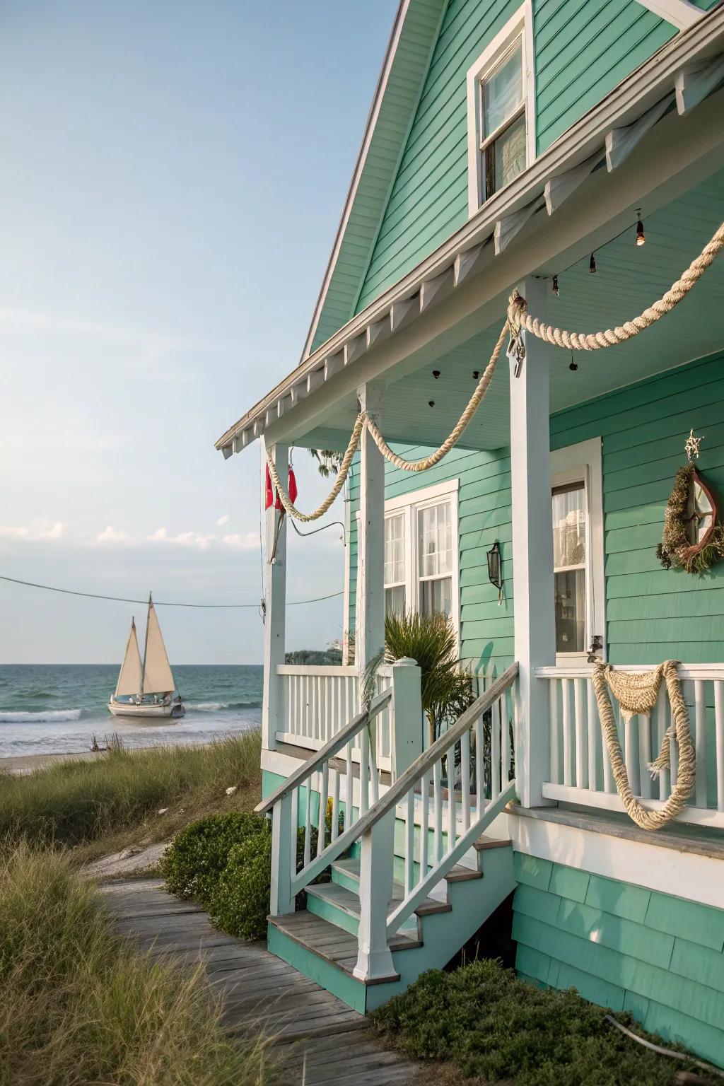 Seafoam green siding enhances this coastal home's charm.