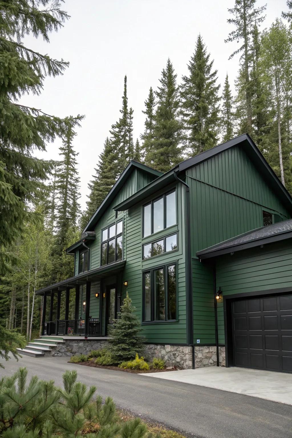 Hunter green siding adds drama and sophistication.
