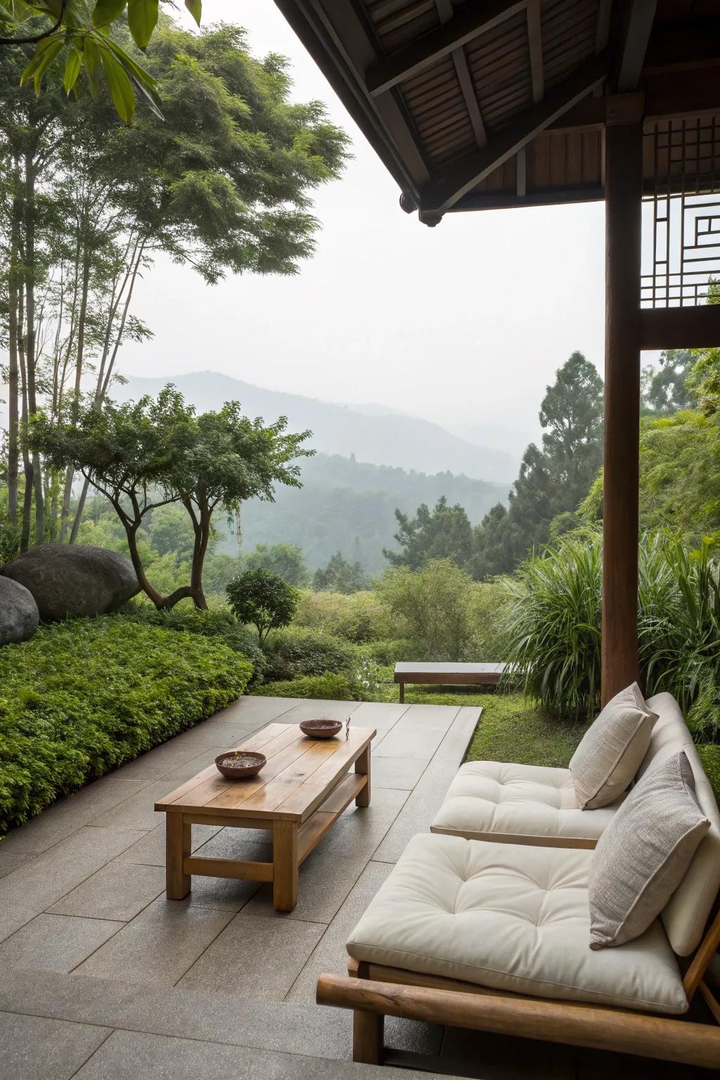 Seating areas encourage relaxation and contemplation.