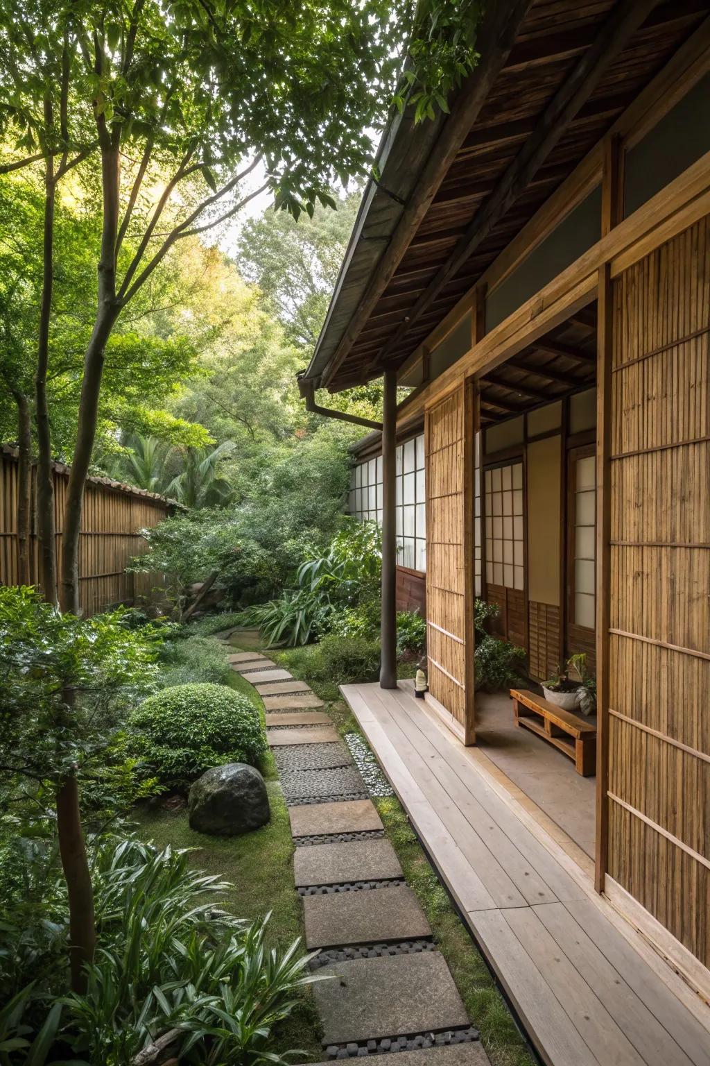 Bamboo and wooden elements offer privacy and a natural touch.