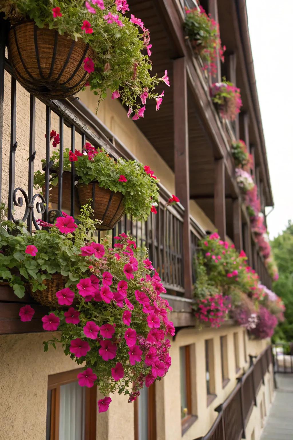 Whimsical charm with hanging planters.