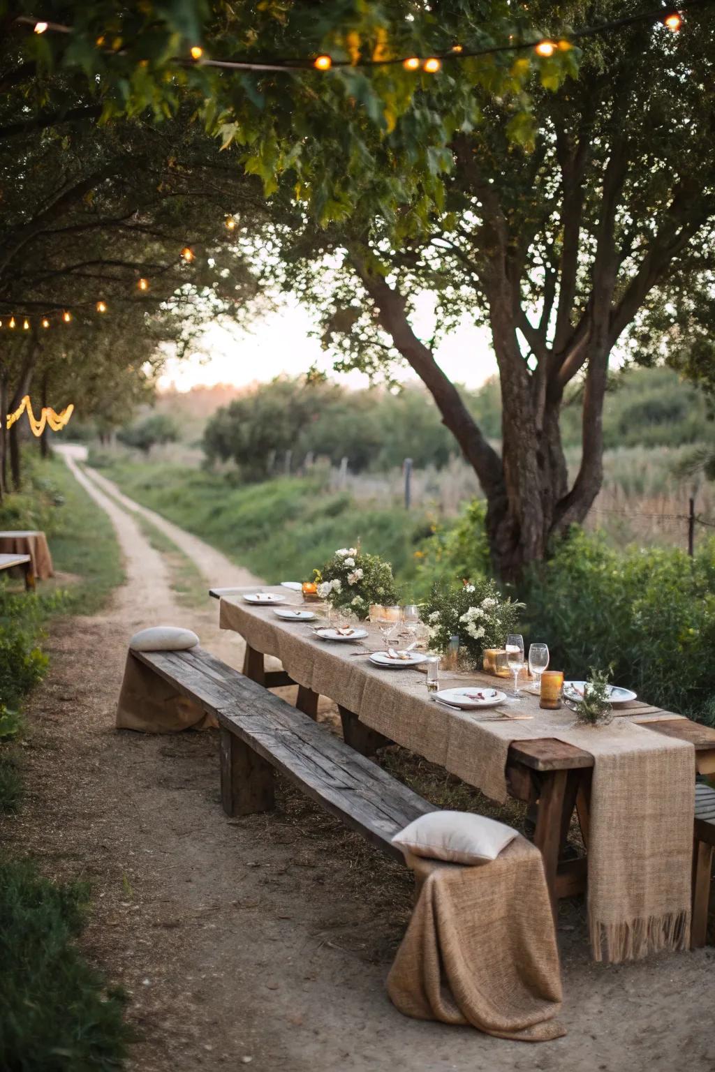 Rustic elements create a cozy and inviting outdoor dining space.