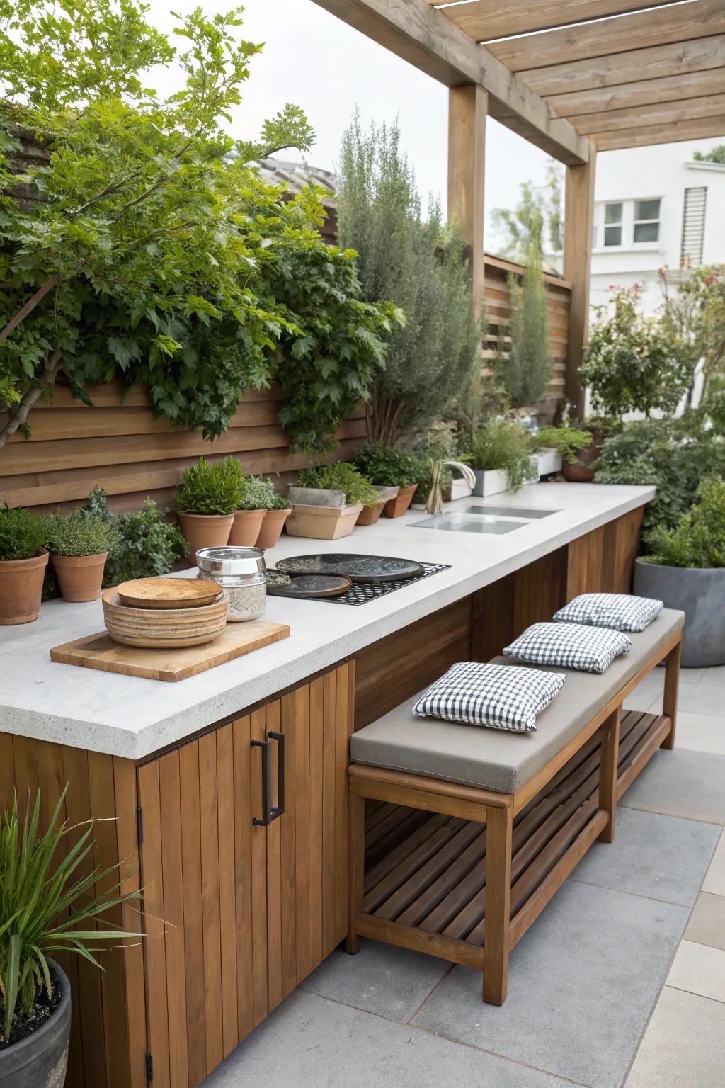 An efficient counter space serves dual roles in your outdoor kitchen.