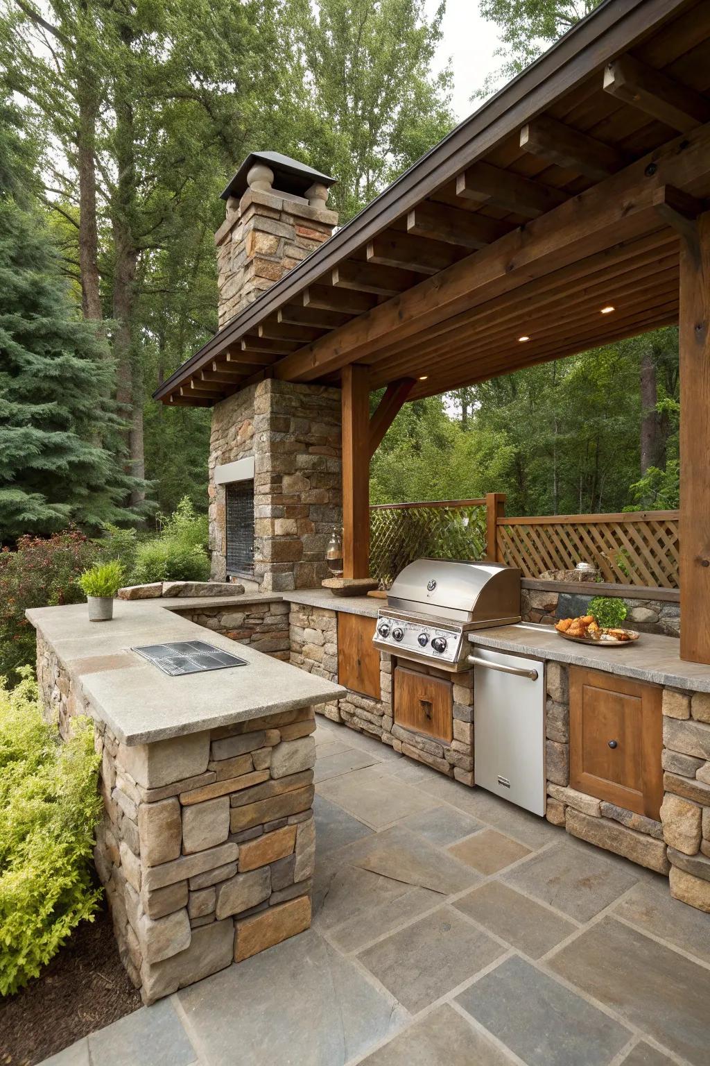 Rustic stone elements bring natural charm to outdoor spaces.
