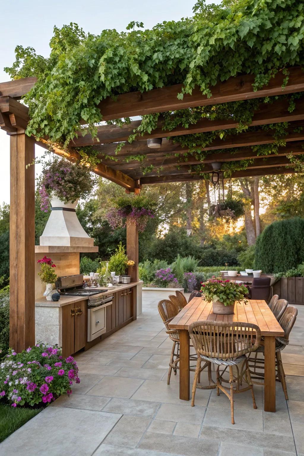 A pergola offers much-needed shade for outdoor kitchens.