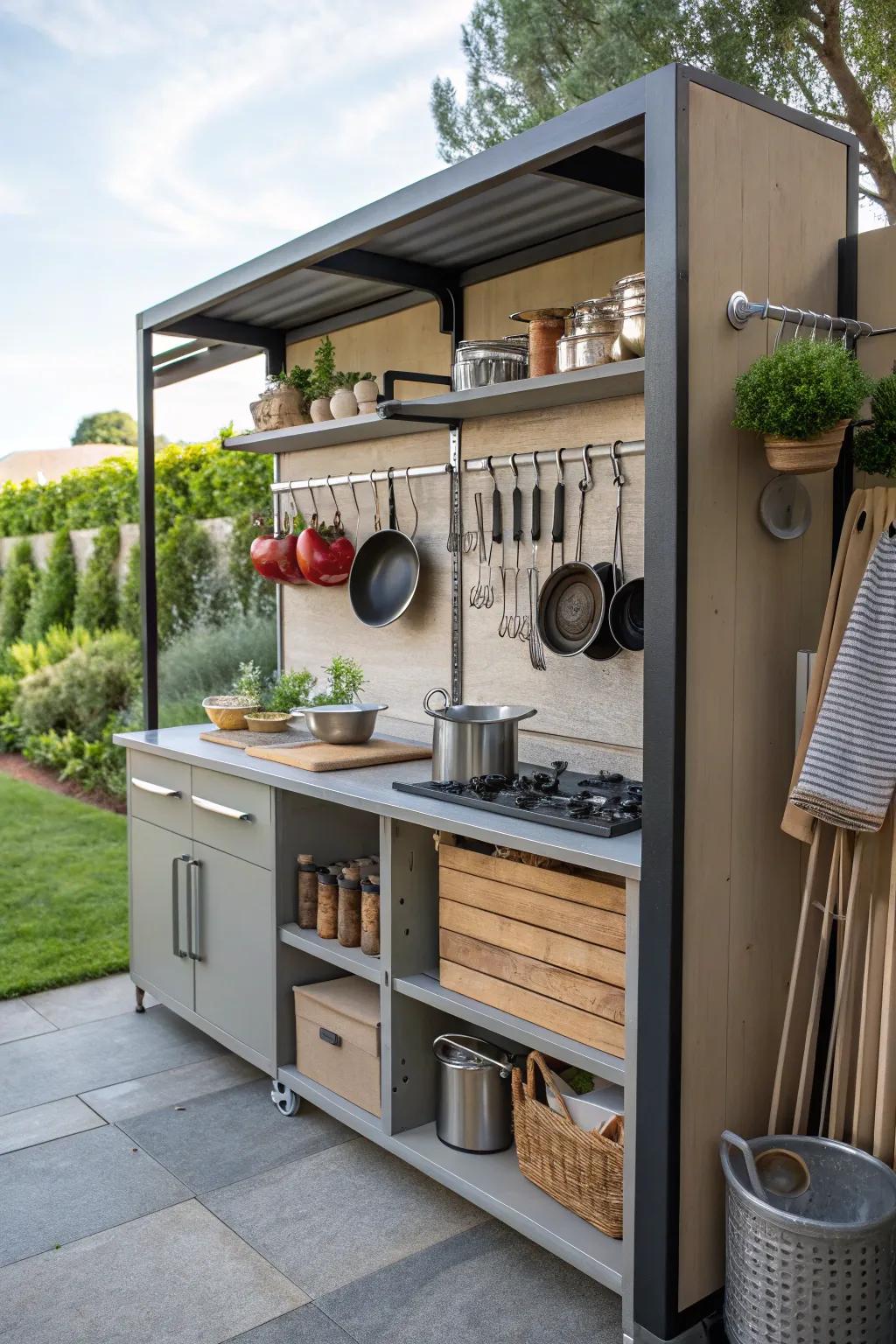 Creative storage keeps your outdoor kitchen clutter-free.