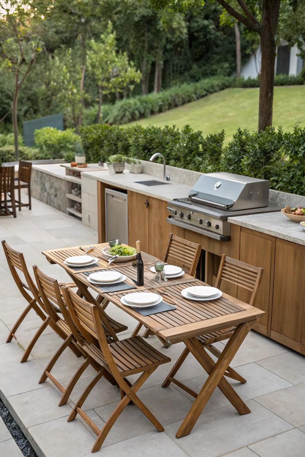 Foldable furniture offers flexible seating.