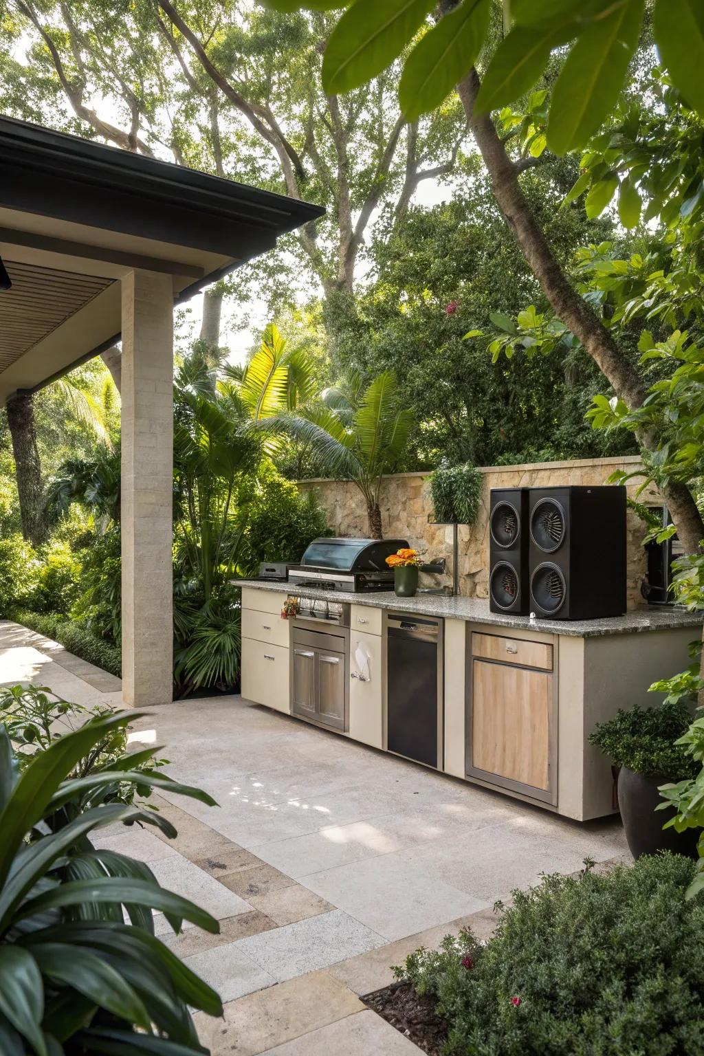 Music enhances the outdoor cooking experience.