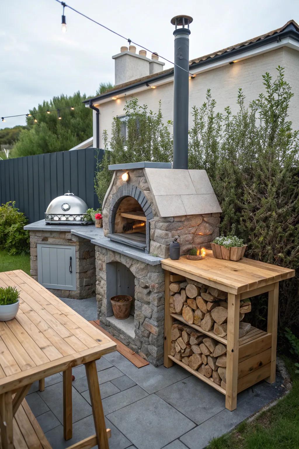 A built-in pizza oven adds a fun twist to outdoor cooking.