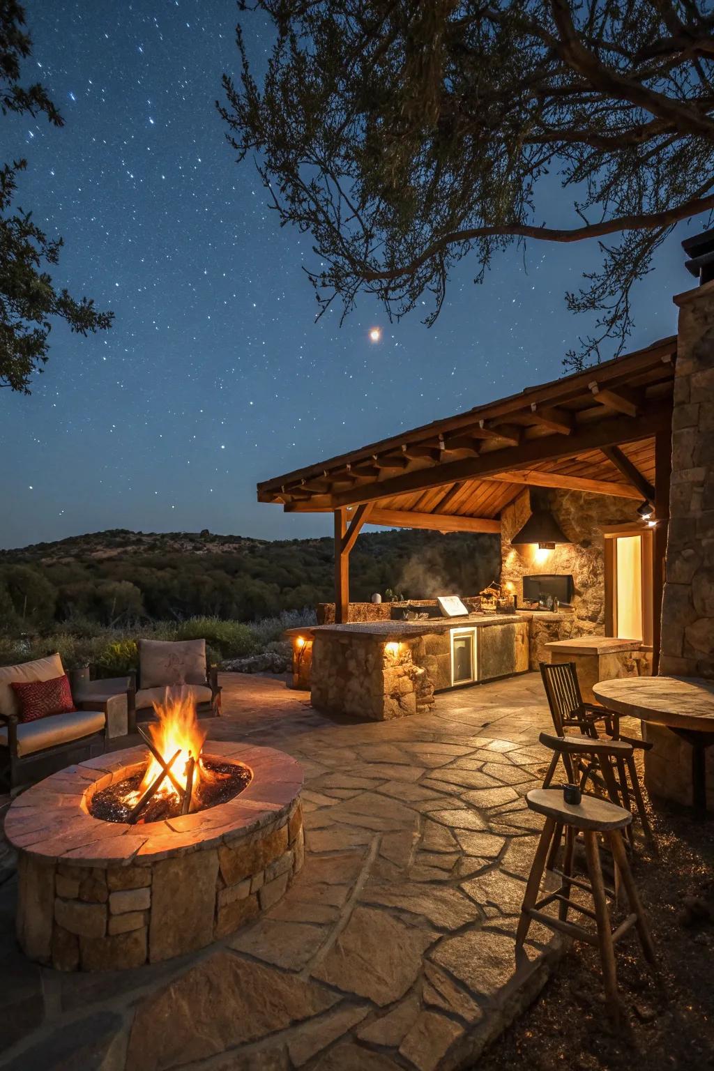 A fire pit provides warmth and a gathering spot.