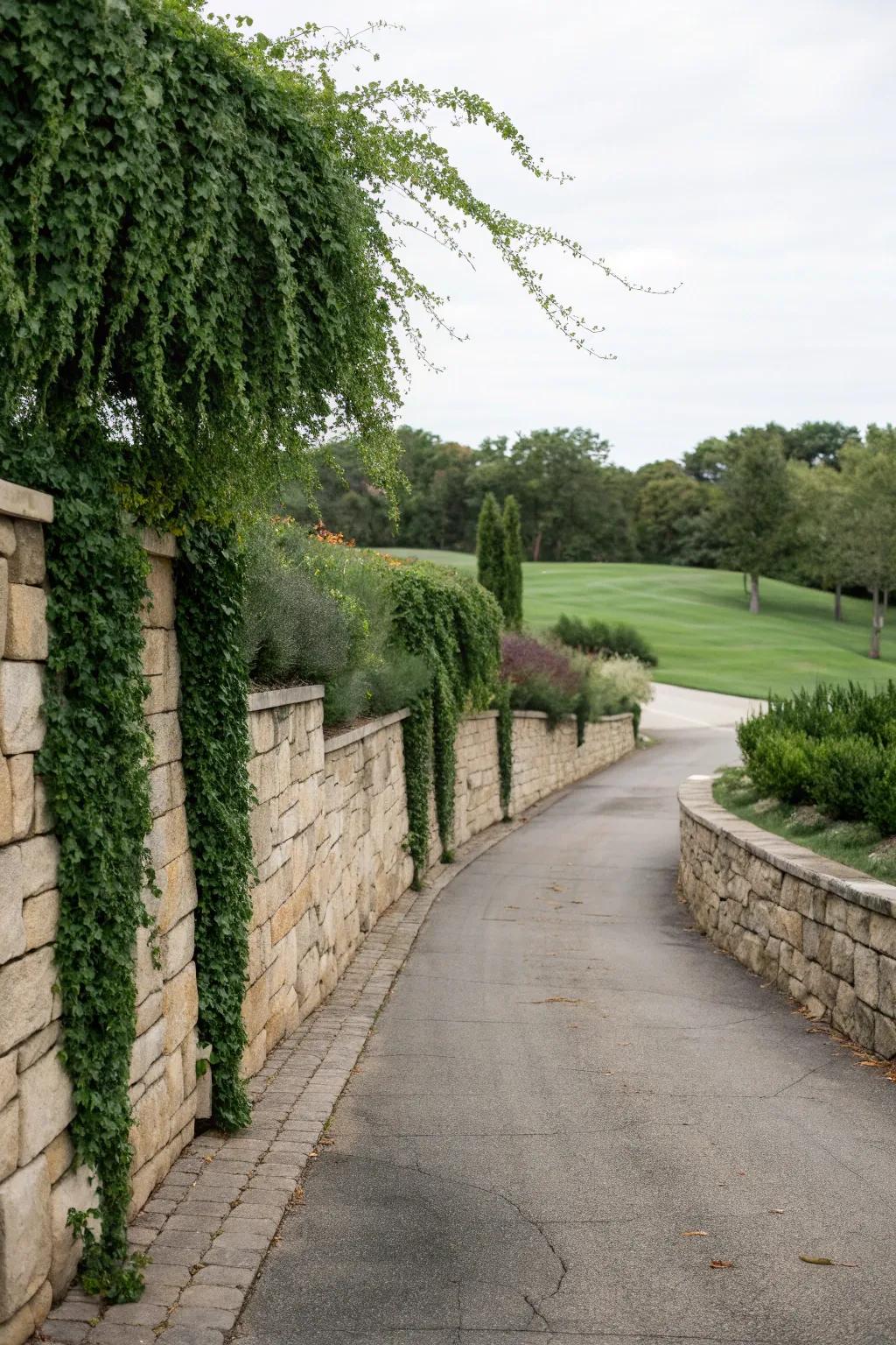Add structure and greenery with stone retaining walls.