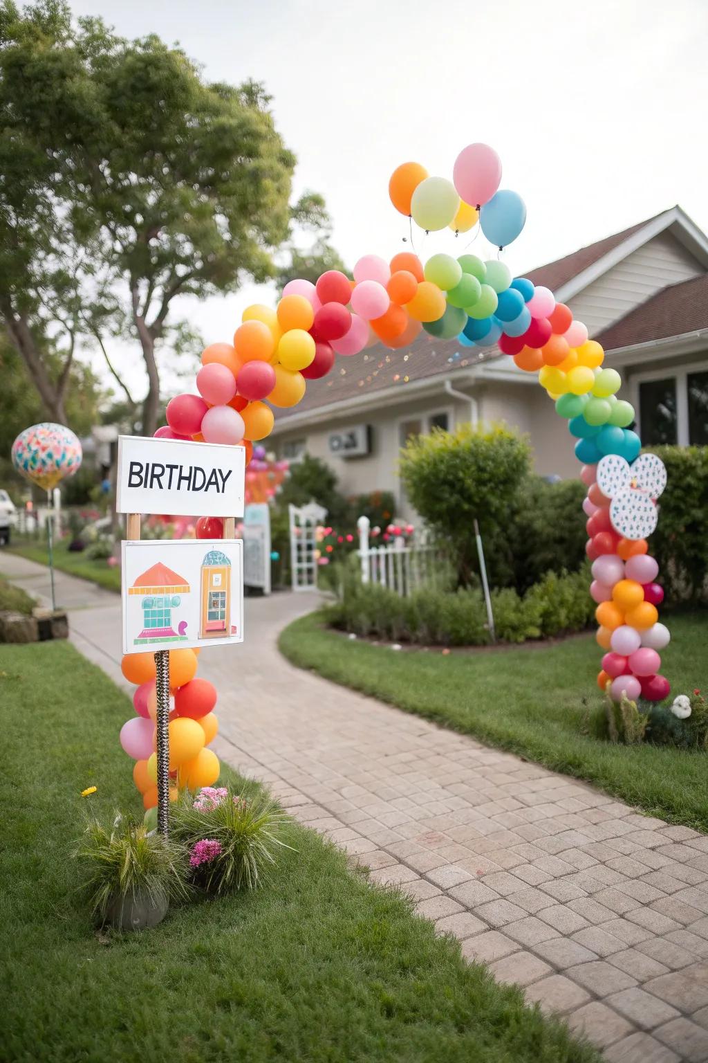 A grand entrance with a vibrant balloon arch.