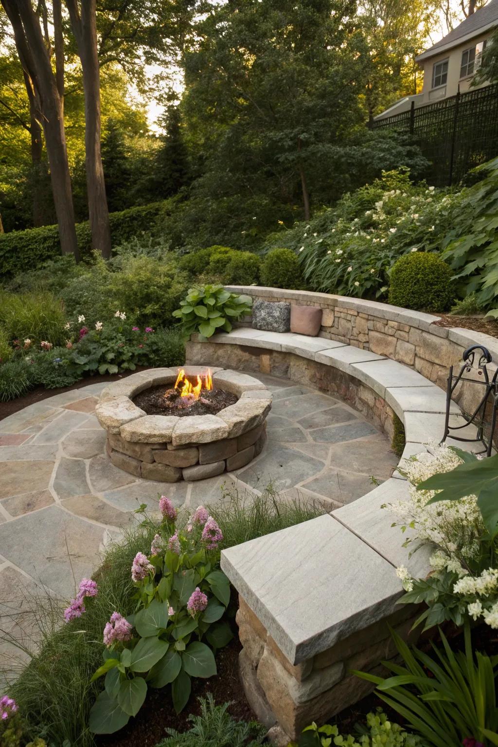 Built-in seating around the firepit maximizes space and comfort.