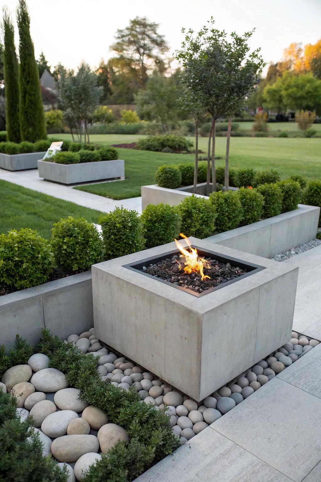 A concrete firepit offers a modern and minimalist vibe.