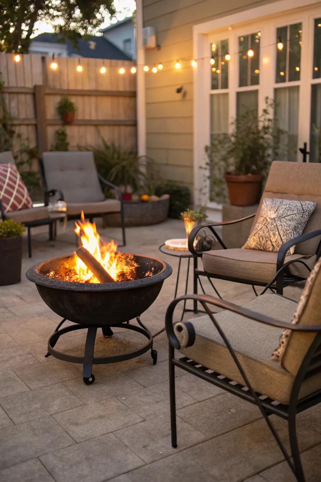 A portable firepit bowl offers flexibility and convenience.
