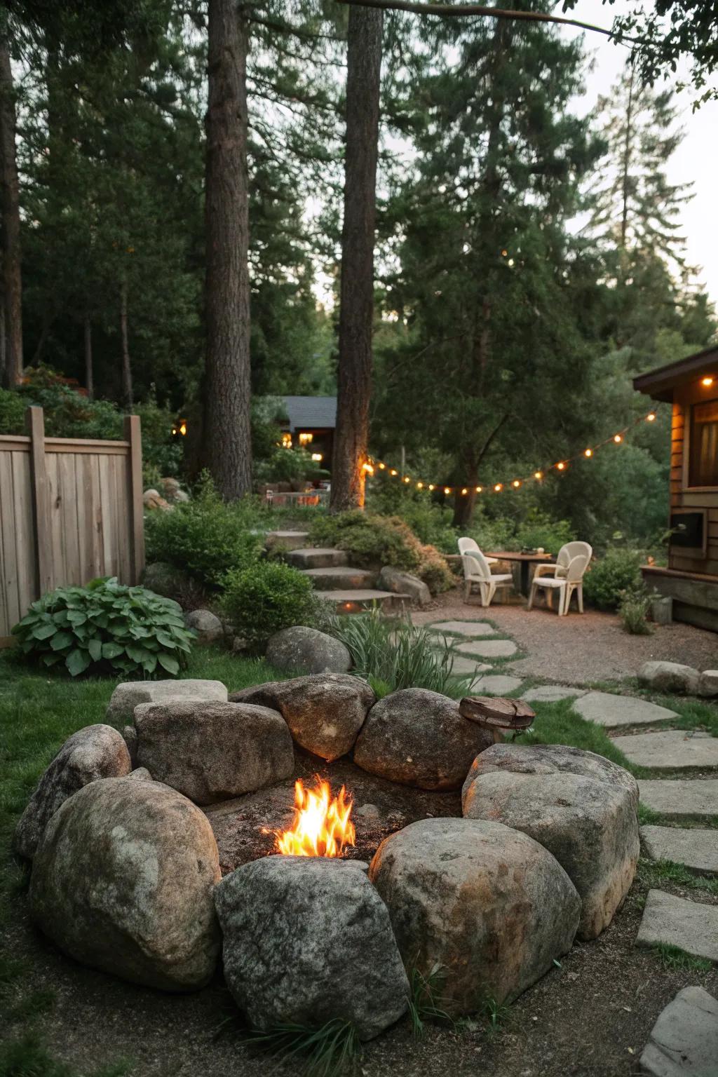 A DIY brick firepit adds personal charm and creativity.