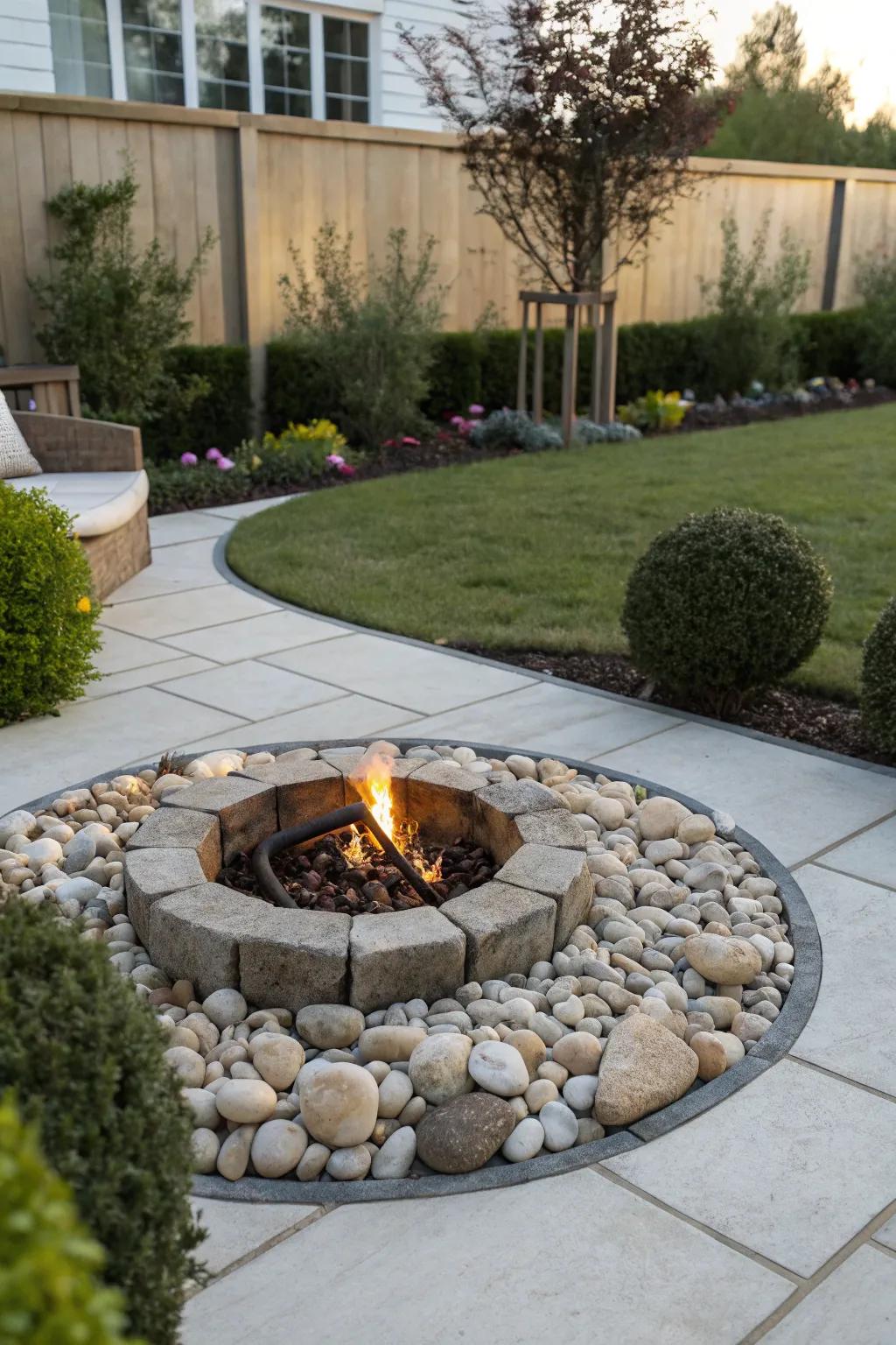 Decorative pebbles create a polished and tidy firepit border.